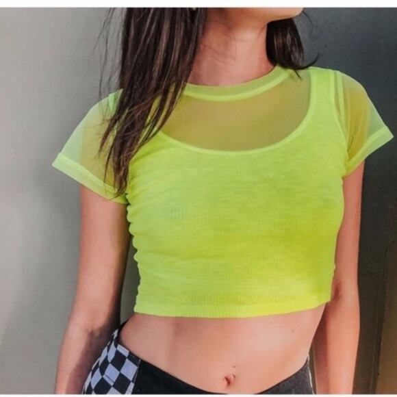 LF Tops - LF Emma & Sam Power Mesh Crop Tee Neon Lemon Yellow XS New